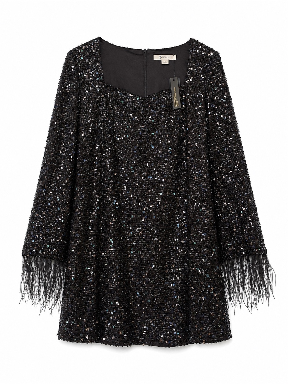 Black Sequin Long-Sleeve Dress with Feather Trim